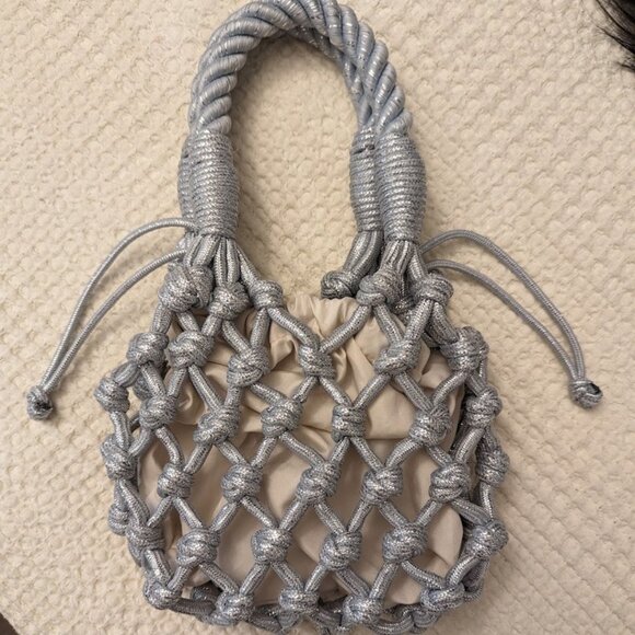 Silver Macramé Mini Bag with Drawstring Pouch Elegant Statement Accessory - Picture 6 of 10